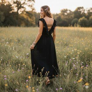 Pho Firenze M Black Lace Ruffle Maxi Dress With Open Back Embellished Straps